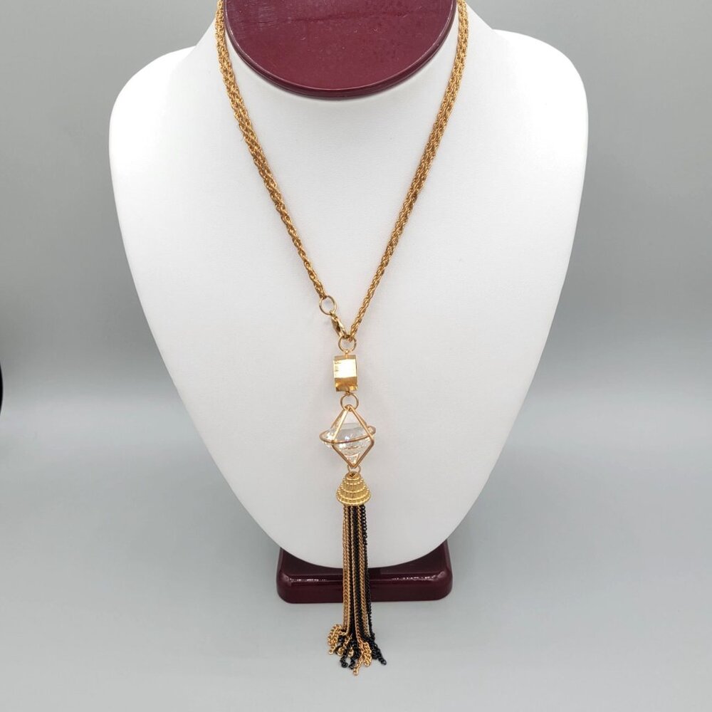 Mixed Metal Fringed Pendant Necklace Geometric Faceted Glass Accent Vtg 1980s
